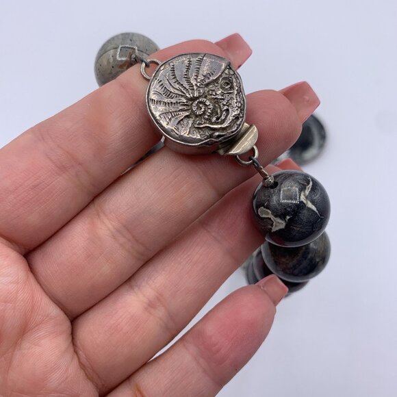 Charles Albert Vintage Orthoceras Fossil Pendant Black & Gray 925 Silver Beaded - Picture 6 of 8